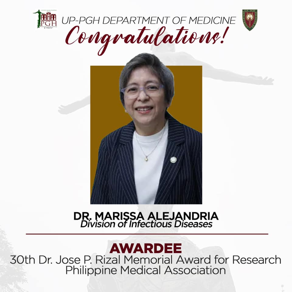 Congratulations Dr. Marissa Alejandria: Dr. Jose P. Rizal Memorial Award for Research